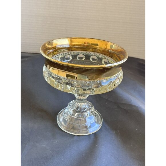 Vintage Indiana Glass Kings Crown Gold Rim Thumbprint Compote Serveware Dish - Picture 4 of 12